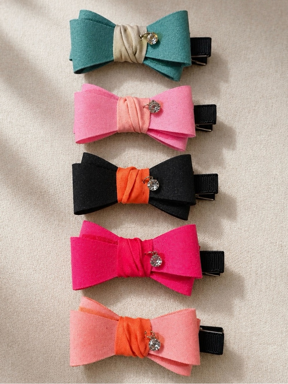 Bow Hair Clips with Rhinestone Charm